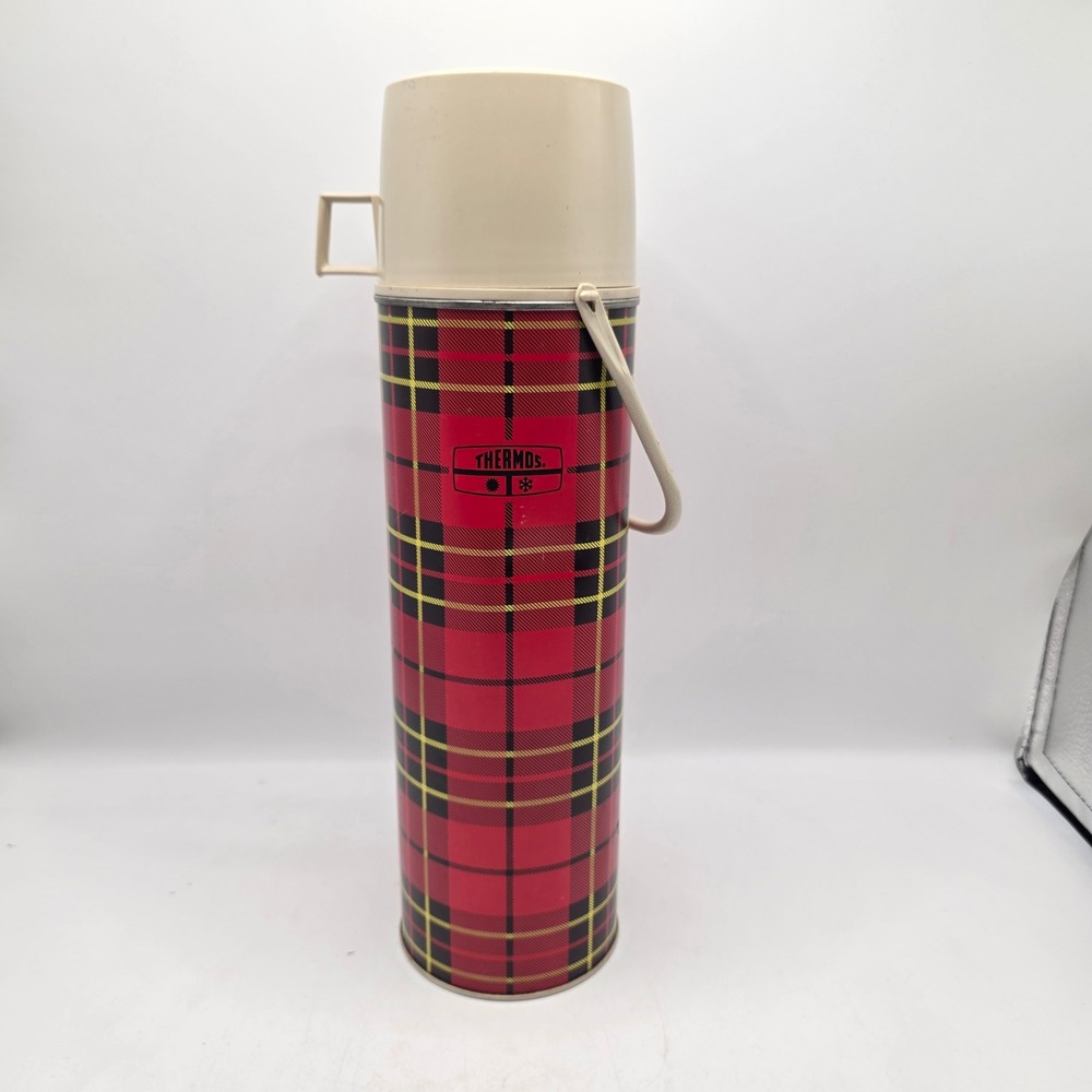 Thermos Vintage Vacuum Flask Red Plaid Tartan Metal Insulated Bottle Cup Handle